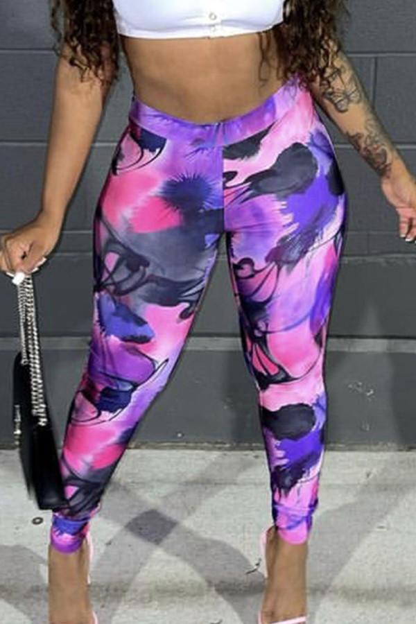 Purple Street Print Patchwork Skinny High Waist Pencil Full Print Bottoms