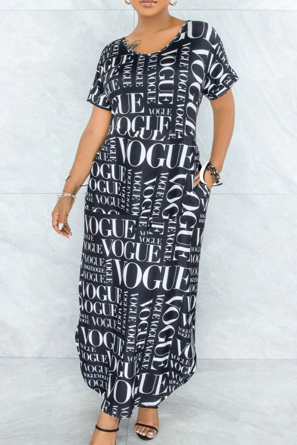 Black Casual Print Patchwork Slit Asymmetrical O Neck Straight Dresses