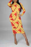 Yellow Sexy Print Patchwork V Neck Pencil Skirt Dresses
