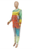 Orange Fashion Casual Irregular Print Patchwork Zipper O Neck Short Sleeve Two Pieces