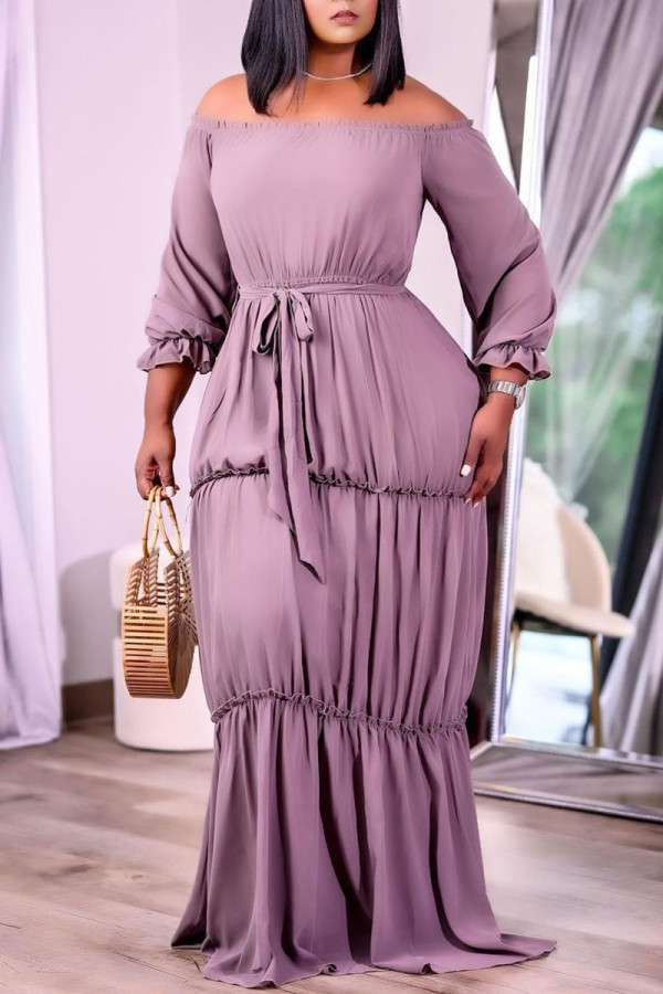 Grey Casual Solid Bandage Patchwork Off the Shoulder Cake Skirt Dresses