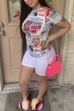 Yellow Fashion Casual Print Basic O Neck Short Sleeve Two Pieces