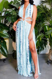 Blue Sexy Print Bandage Hollowed Out Backless Zipper Halter Beach Dresses