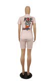 Pink Casual Print Patchwork O Neck Short Sleeve Two Pieces