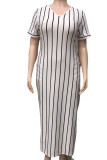 White Casual Striped Print Patchwork V Neck Straight Plus Size Dresses