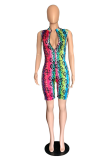 Rose Red Sexy Print Patchwork Zipper Collar Skinny Rompers