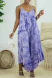 White Blue Sexy Casual Print Tie Dye Backless Spaghetti Strap Regular Jumpsuits