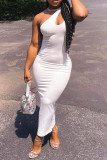 White Sexy Casual Solid Hollowed Out One Shoulder Sleeveless Dress