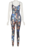 Blue Sexy Print Patchwork Spaghetti Strap Skinny Jumpsuits