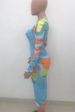 Multicolor Fashion Casual Print Basic O Neck Long Sleeve Dresses