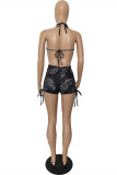 Black Fashion Sexy Print Backless Halter Sleeveless Two Pieces
