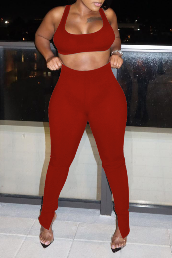 Red Sexy Solid Patchwork U Neck Sleeveless Two Pieces