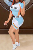 Baby Blue Casual Sportswear Letter Print Patchwork O Neck Short Sleeve Two Pieces