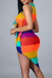 Rainbow Color Fashion Sexy Print Hollowed Out O Neck Sleeveless Two Pieces