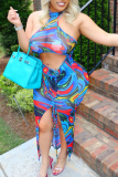 Blue Sexy Print Hollowed Out Halter Pencil Skirt Dresses