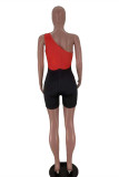 Red Fashion Sexy Patchwork Hollowed Out Backless One Shoulder Skinny Romper