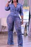 Blue Casual Print Patchwork Turndown Collar Long Sleeve Two Pieces