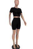 Black Fashion Casual Solid Bandage O Neck Short Sleeve Two Pieces