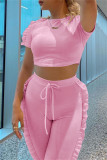 Pink Fashion Casual Solid Patchwork O Neck Short Sleeve Two Pieces