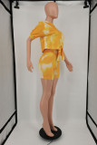 Yellow Fashion Casual Tie Dye Printing Oblique Collar Short Sleeve Two Pieces