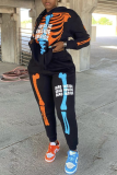 Black Casual Print Patchwork Hooded Collar Long Sleeve Two Pieces