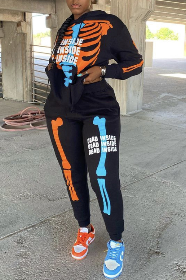 Black Casual Print Patchwork Hooded Collar Long Sleeve Two Pieces