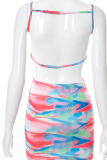Pink Sexy Print Backless Spaghetti Strap Pencil Skirt Dresses