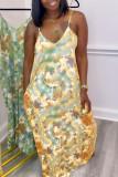 Blue Sexy Print Patchwork Spaghetti Strap Sling Dress Dresses