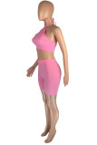 Pink Fashion Casual Solid Backless Halter Sleeveless Two Pieces