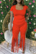 Tangerine Red Fashion Casual Solid Tassel Pants O Neck Short Sleeve Two Pieces