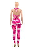 Yellow Sexy Print Patchwork Halter Skinny Jumpsuits