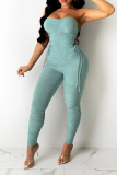 Blue Sexy Solid Patchwork Strapless Skinny Jumpsuits