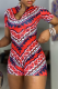 Red Sexy Print Patchwork Zipper Collar Skinny Rompers