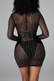 Apricot Sexy Patchwork Hot Drilling Hollowed Out See-through Long Sleeve Dress Three-piece Set