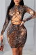 Brown Sexy Print Hollowed Out Half A Turtleneck Pencil Skirt Dresses