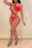 Red Sexy Print Hollowed Out Patchwork Swimwears