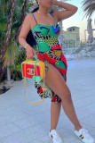 Green Sexy Print Patchwork High Opening Spaghetti Strap A Line Dresses
