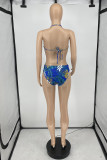 Blue Fashion Sexy Print Hollowed Out Backless Strap Design Swimwears