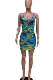 Blue Sexy Print Hollowed Out Patchwork Knotted Spaghetti Strap A Line Dresses