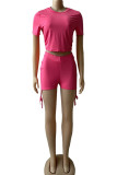 Pink Casual Solid Split Joint Draw String O Neck Short Sleeve Two Pieces