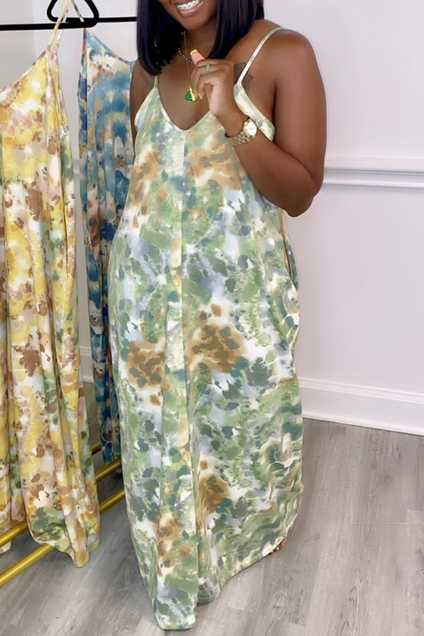 Green Sexy Print Patchwork Spaghetti Strap Straight Dresses