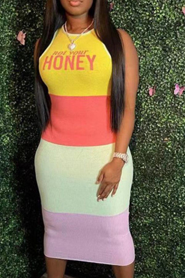 Yellow Sexy Print Letter O Neck Pencil Skirt Dresses