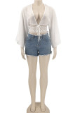 White Casual Solid Bandage Hollowed Out Patchwork V Neck Tops