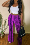 Purple Casual Print Patchwork Boot Cut Mid Waist Speaker Full Print Bottoms
