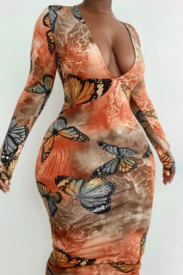 Orange Sexy Print Patchwork V Neck Pencil Skirt Dresses