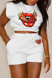 Fluorescent Color Casual Print Patchwork O Neck Short Sleeve Two Pieces