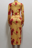 Yellow Sexy Print Patchwork V Neck Pencil Skirt Dresses