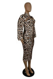 Leopard Print Fashion Sexy Print Leopard Hollowed Out Half A Turtleneck Long Sleeve Two Pieces