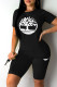 Black Fashion Casual Print Basic O Neck Short Sleeve Two Pieces