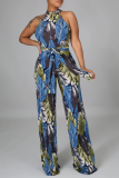 Turquoise Sexy Print Split Joint Halter Straight Jumpsuits